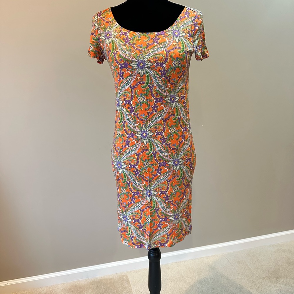 Ralph Lauren Orange Paisley Scoop-Neck Midi Dress Size S